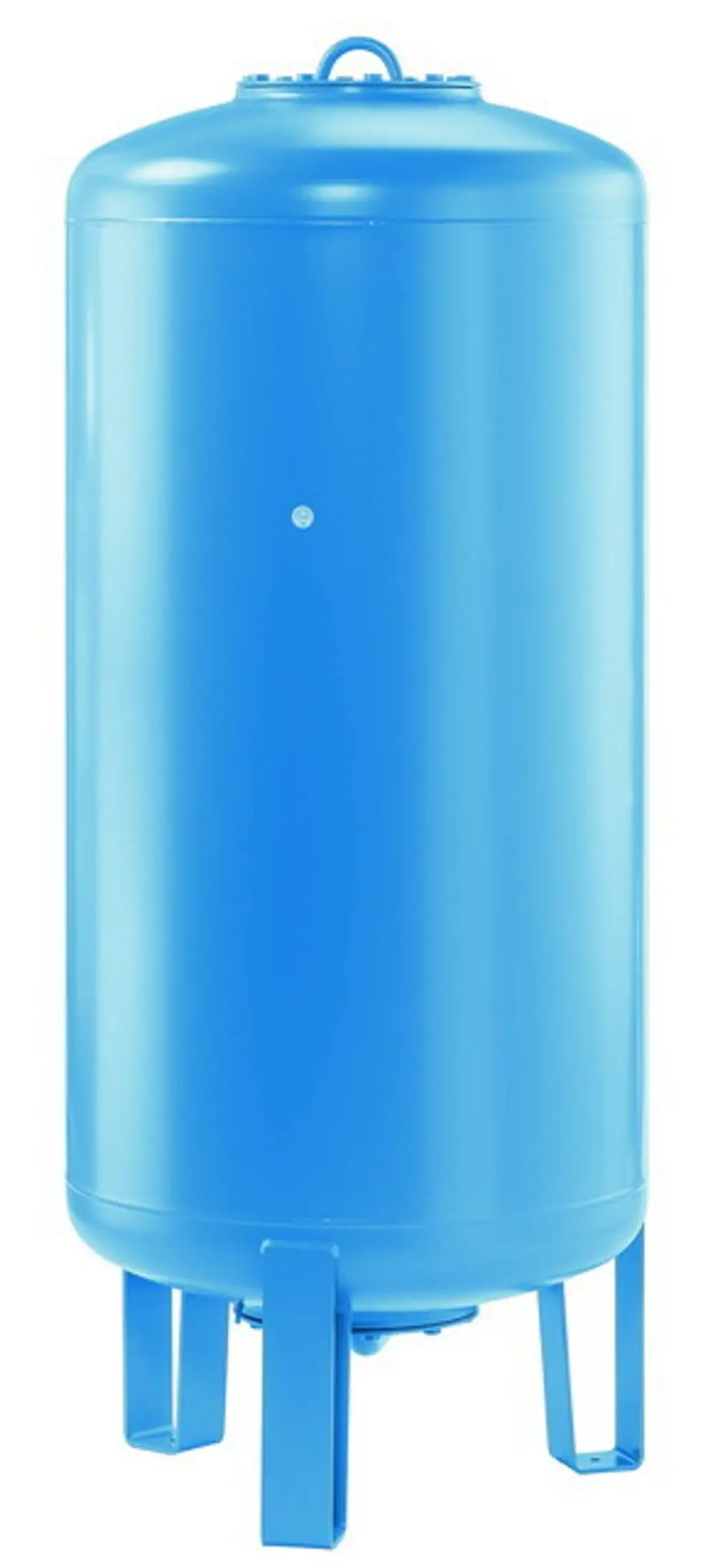 Blaues Druckausdehnungsgefäß auf Ständern. Die Form ist zylindrisch, die Oberfläche glatt. Hergestellt von IMI Hydronic Engineering.
